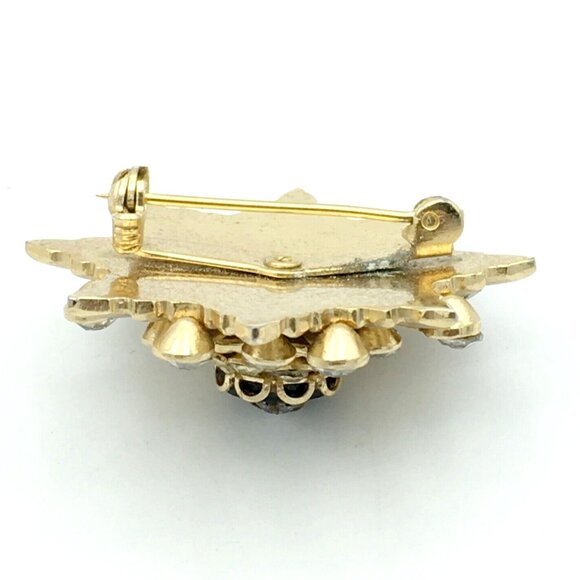 MID-CENTURY sunburst brooch - gold-tone rhinestone & onyx pin heavy layered dome - Picture 7 of 8